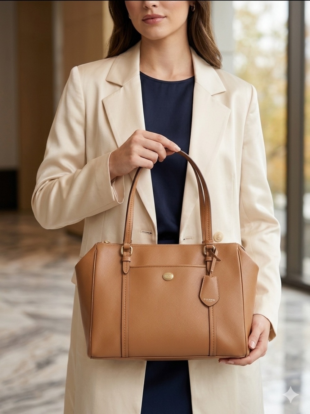 Coach Peyton JordanLeather Carryall Tote Camel TanF25669 Double Zip Satchel Bag